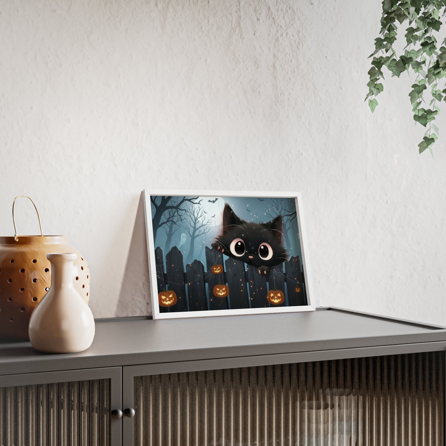Whimsical Cat Halloween Poster with Wooden Frame, Framed Art, Cute Wall Decor, Spooky Home Accent, Fall Decor, Cat Lover Gift Halloween Gift, Art Print