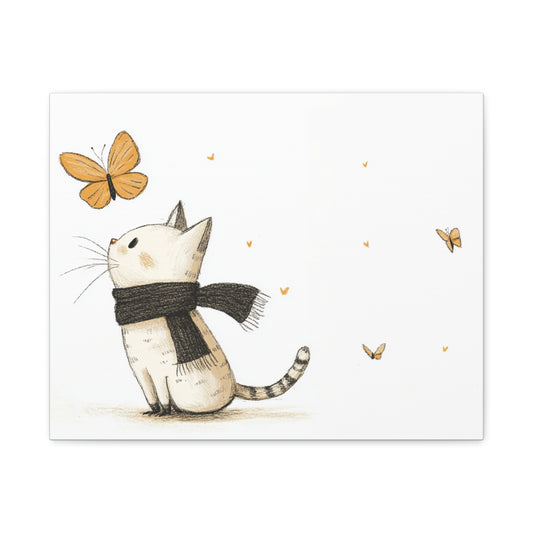 Whimsical Cat and Butterfly Stretched Canvas Print, Cat Lover Gift, Home Décor, Nursery Wall Art, Cute Animal Illustration, Gift for Kids, Pet Art