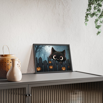 Whimsical Cat Halloween Poster with Wooden Frame, Framed Art, Cute Wall Decor, Spooky Home Accent, Fall Decor, Cat Lover Gift Halloween Gift, Art Print
