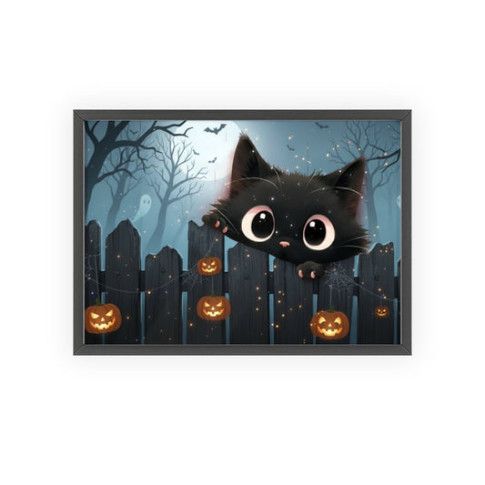 Whimsical Cat Halloween Poster with Wooden Frame, Framed Art, Cute Wall Decor, Spooky Home Accent, Fall Decor, Cat Lover Gift Halloween Gift, Art Print