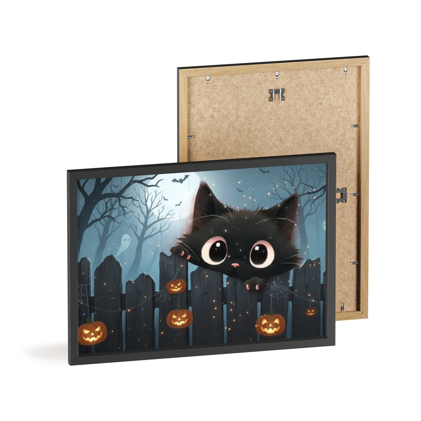 Whimsical Cat Halloween Poster with Wooden Frame, Framed Art, Cute Wall Decor, Spooky Home Accent, Fall Decor, Cat Lover Gift Halloween Gift, Art Print