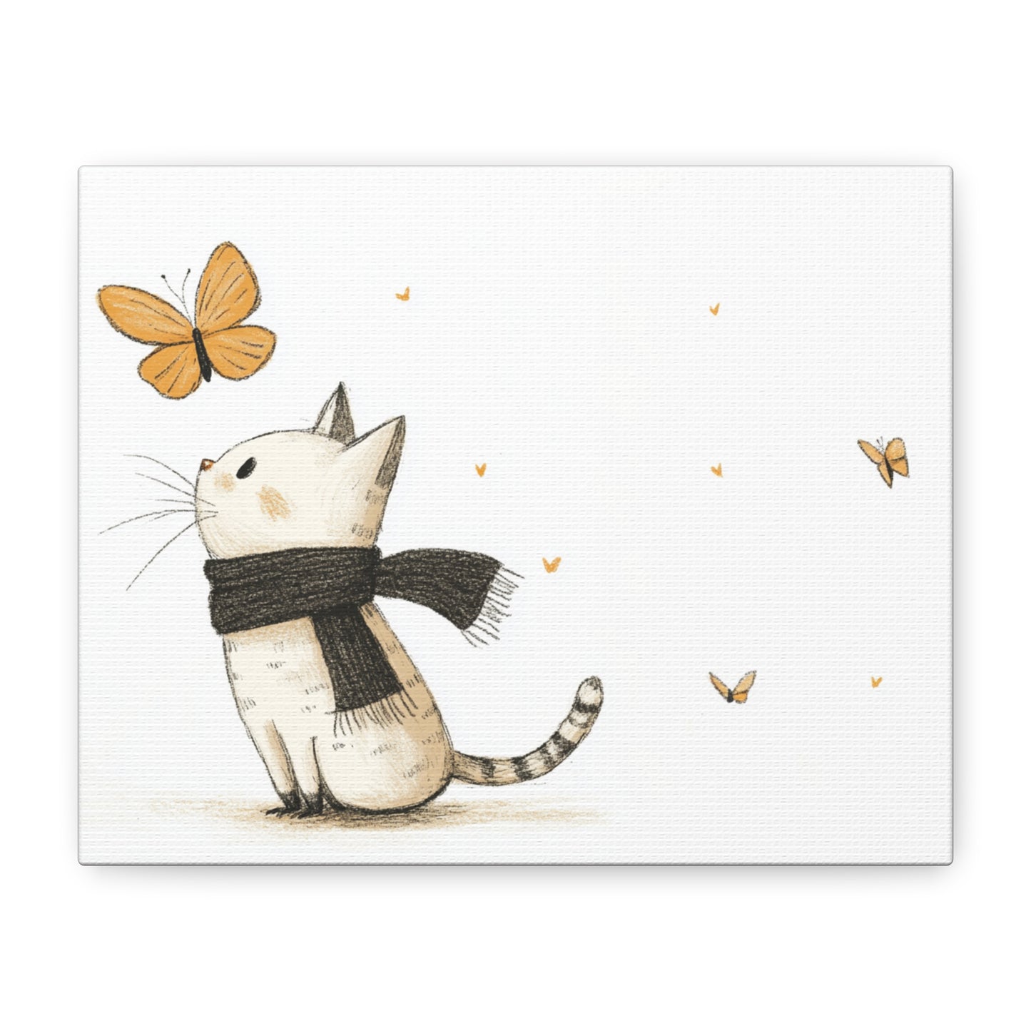 Whimsical Cat and Butterfly Stretched Canvas Print, Cat Lover Gift, Home Décor, Nursery Wall Art, Cute Animal Illustration, Gift for Kids, Pet Art