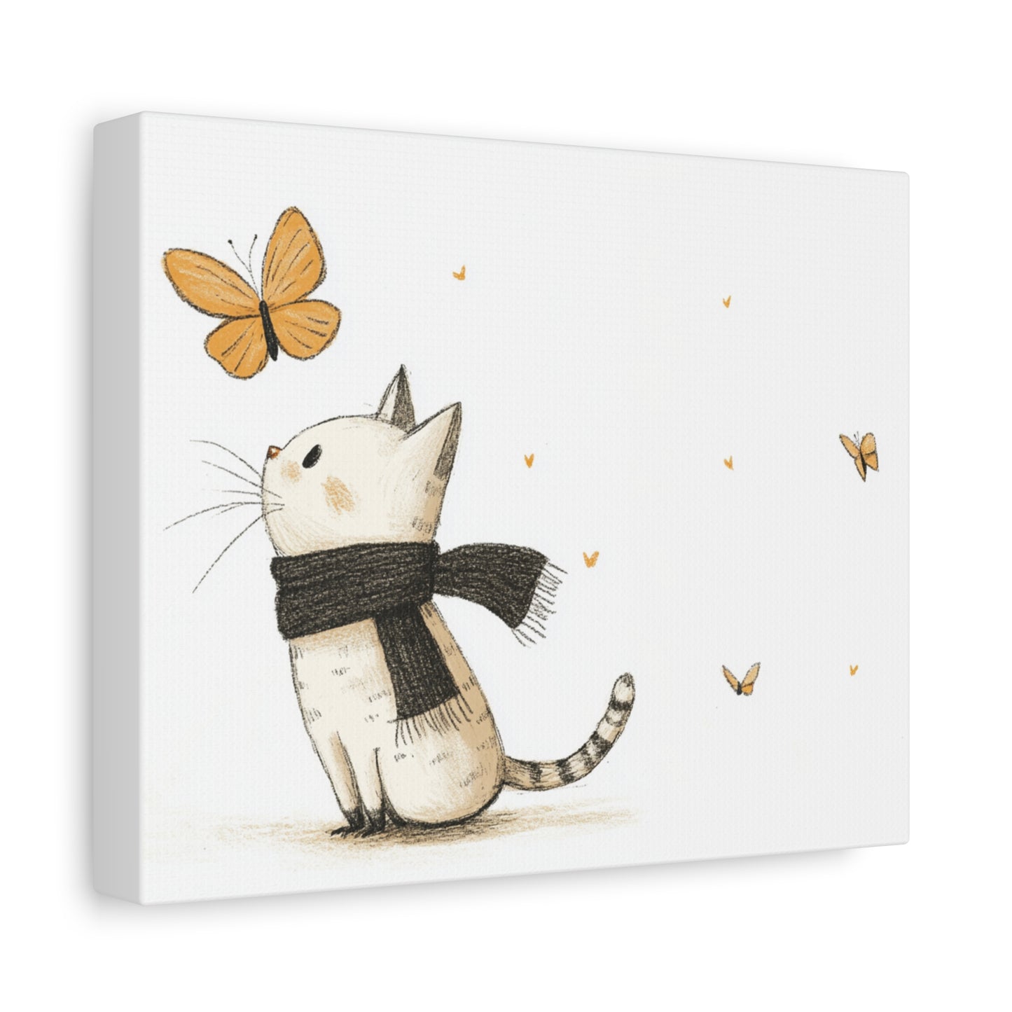 Whimsical Cat and Butterfly Stretched Canvas Print, Cat Lover Gift, Home Décor, Nursery Wall Art, Cute Animal Illustration, Gift for Kids, Pet Art