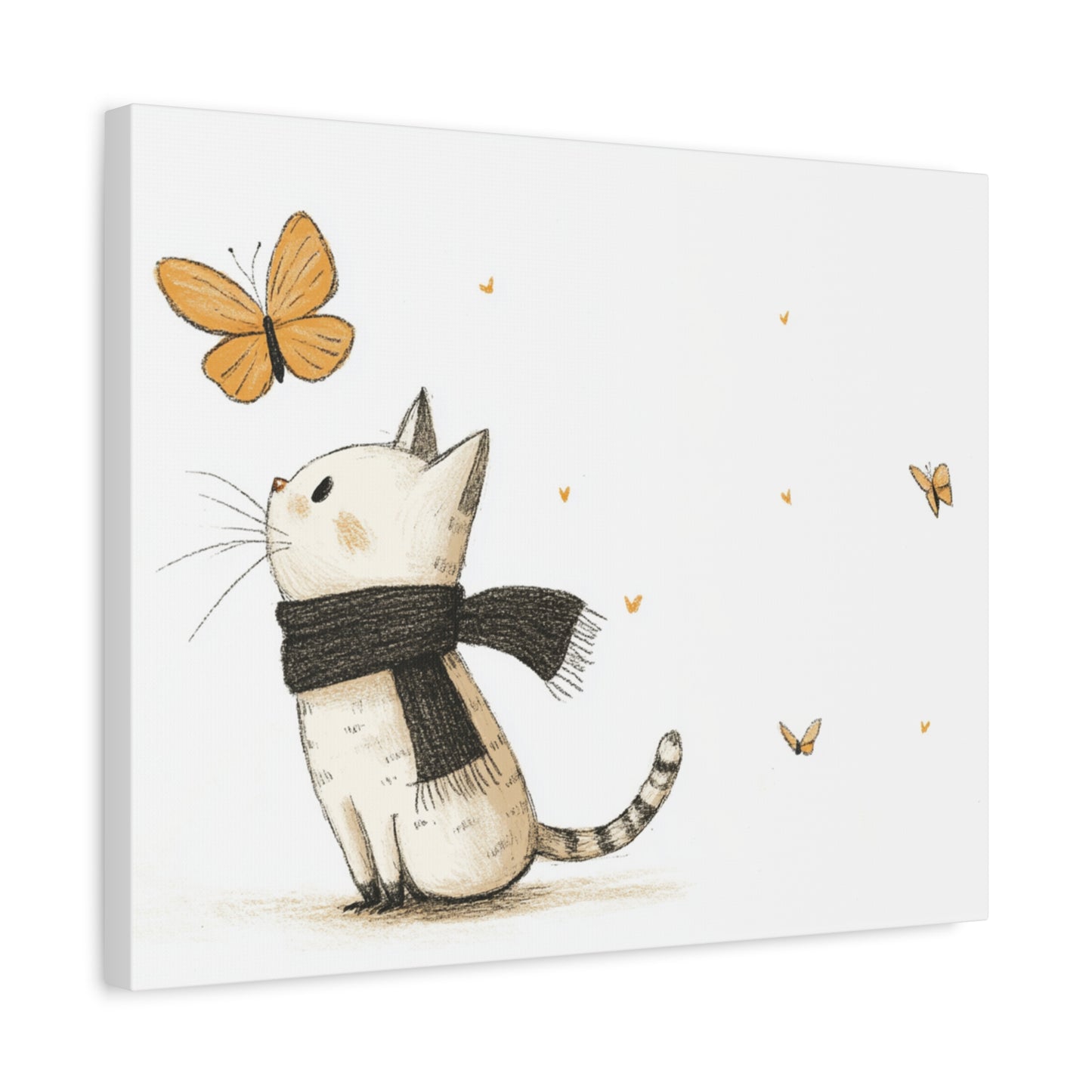 Whimsical Cat and Butterfly Stretched Canvas Print, Cat Lover Gift, Home Décor, Nursery Wall Art, Cute Animal Illustration, Gift for Kids, Pet Art